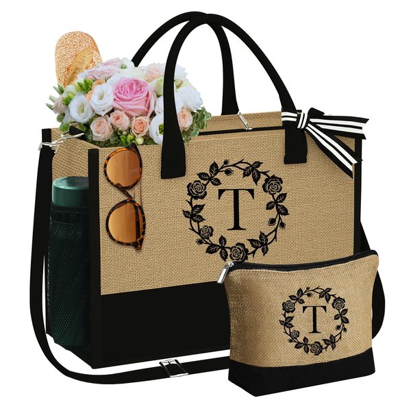 YOOLIFE Christmas Gifts for Mom, 2024 Top Christmas Gifts for Women Coworker Grandma Teacher Friend Sister Birthday Gifts Beach Bag for Women Monogram Jute Tote Bag Makeup Bag Travel Bag Letter T