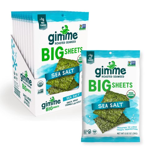Gimme Seaweed - Sea Salt - Big Sheets - Organic Roasted Seaweed Sheets - Keto, Vegan, Gluten Free - Great Source of Iodine & Omega 3’s - Healthy On-The-Go Snack for Kids & Adults - (.92oz) - (Pack of 10)