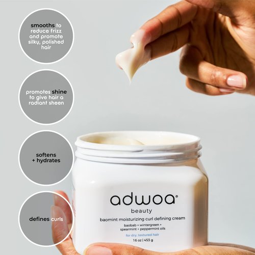 adwoa beauty Baomint™ Moisturizing Curl Defining Cream with Organic Honey, Beeswax, Baobab, Mint, and Rosemary Oils to create soft, defined, hydrated and smooth curls, for Coily and Curly Hair, 3.3 oz