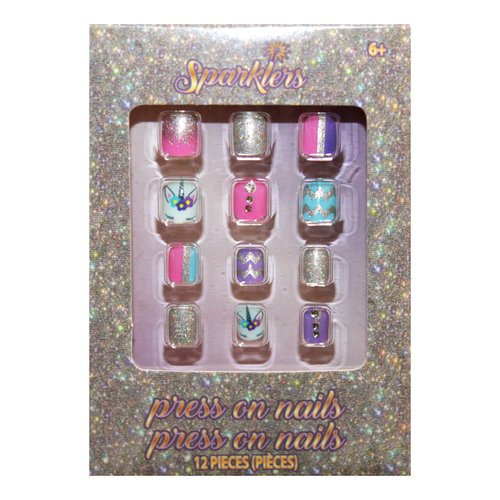Townley (1) Pack Press-On Nails for Kids - Sparklers - 12 Pieces per Pack - Pink, Purple, Blue with Glitter, Unicorn, Faux Rhinestones