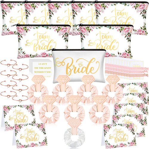 63 Pcs Bridesmaid Proposal Gifts Bulk Maid of Honor Gifts Matron of Honor Gifts Brides Bridesmaid Cosmetic Makeup Bag Hair Knotted Bracelets Invitation Cards for Wedding Bachelorette (Floral Style)