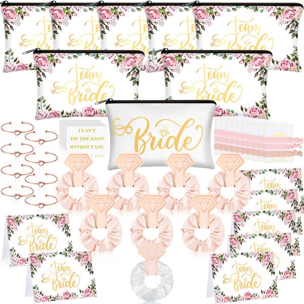 63 Pcs Bridesmaid Proposal Gifts Bulk Maid of Honor Gifts Matron of Honor Gifts Brides Bridesmaid Cosmetic Makeup Bag Hair Knotted Bracelets Invitation Cards for Wedding Bachelorette (Floral Style)