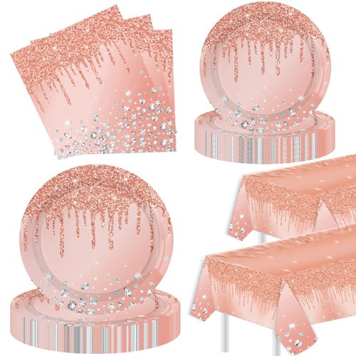 Rose Gold Party Supplies, Rose Gold Party Disposable Tableware Set 20 Party Plates 9" 20 7" Paper Plates 20 Napkins Tablecloth for Rose Gold Birthday Party Decoration Serves 20 Guests