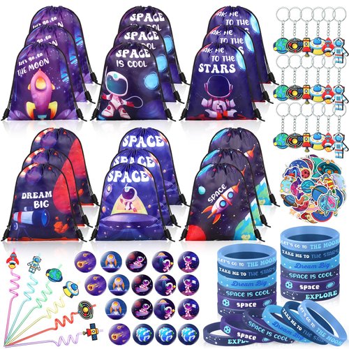 Sadnyy 140 Pcs Space Party Favors Outer Space Party Gift Bulk Galaxy Drawstring Backpack with Silicone Bracelet Straws Keychains Pin Badges Stickers for Space Party Theme Birthday Supplies
