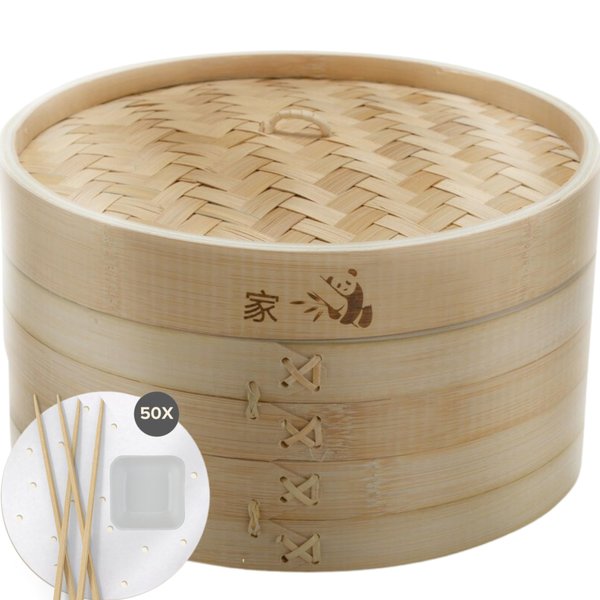 Prime Home Direct Bamboo Steamer Basket 10-inch | 2-Tier Steamer for Cooking | 50 Liners, Chopsticks & Sauce Dish | Dumpling Steamer, Food Steamer Baskets for Cooking - Rice & Vegetable Steamer Pot