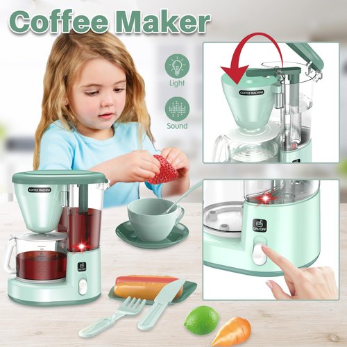 Kids Kitchen Set, Pretend Play Kitchen Appliance Toy Set with Coffee Maker, Toaster, Blender, Mixer, Kitchen Toys with Light & Sound, Play Kitchen Sets for Kids Ages 4-8
