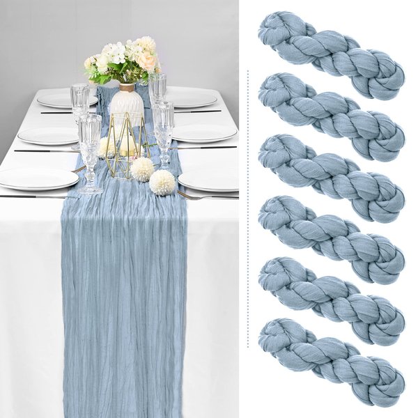 6 Pack Dusty Blue Cheesecloth Table Runner Gauze Table Runner 10FT Long Semi-Sheer Table Runner Boho or Rustic Wedding Table Decor for Wedding Decor Arch Draping Bridal Shower Holiday Party