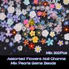 300 Pcs Flower 3D Nail Charms Color Variety Flower Cute Nail Charms Mixed Resin Rhinestones Pearl Gold Silver Balls for Manicure DIY Crafts Accessories