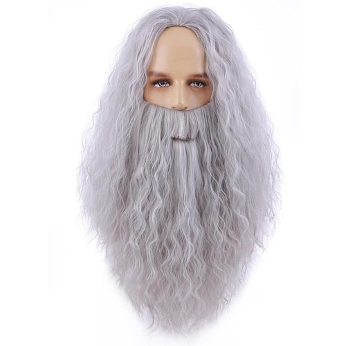 BERON Mens Wigs and Beard Long Gray Grey Wizard Wig and Beard Cosplay Halloween Costume Wig