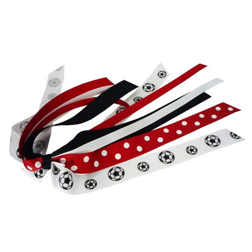 Red Polka Glitter Soccer Ponytail Holder Hair Bow- Black and White Ribbons