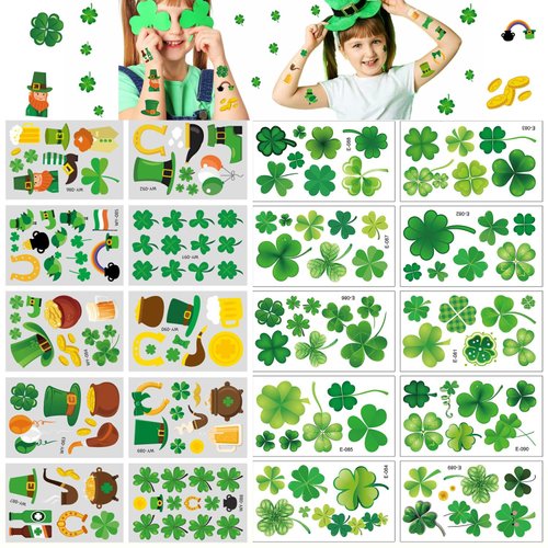 St Patricks Day Tattoos,20 Unique Sheets, 190 Pcs St Patricks Day Stickers, St Patricks Day Accessories Green Shamrock Irish Temporary Tattoo Stickers, St.Patrick's Day Party Favors Decorations Gift