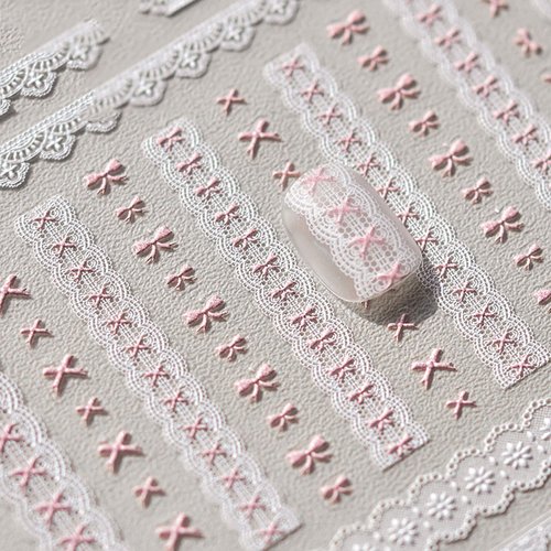 1pcs Bow Nail Stickers - Diowino Retro Relief Pink Bowknot Nail Decals French Style Self-Adhesive Lace Bow Knot Nail Art Stickers Cute Nail Accessories for Women Girls Nail DIY