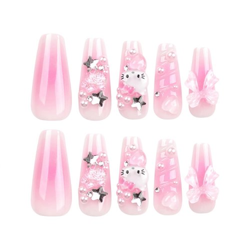 24Pcs Pink Press on Nails Long Square Fake Nails with Cute Nails Rhinestones Design Acrylic Glue on Nails Full Cover Y2K False Nails Pink Artificial Nails for Women Girls Nail Decoration
