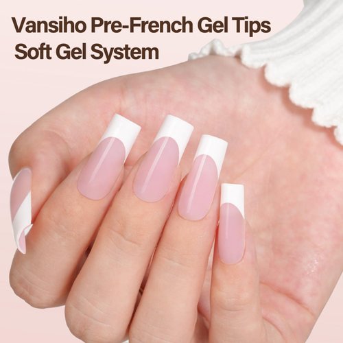 Vansiho French Tip Press on Nails, 150Pcs Long Square Pink Gel Nail Tips, French Square 3 in 1 Pre-French Gel Tips, Fake Nails for Nail Art DIY 15 Sizes