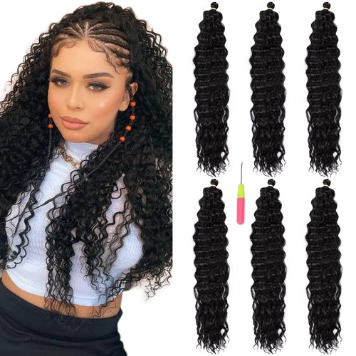 MAYSA Ocean Wave Crochet Hair, 22inch 6Packs Soft Synthetic Wave Crochet Hair, Curly Braiding Crochet Hair Extensions #1B Natural Black