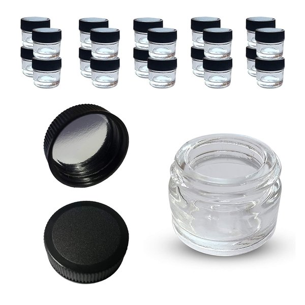 20-Pack 5ml Thick Glass Containers with Black Airtight Lids & Reflective Foam Liner - Jars for Oil, Lip Balm, Wax, Cosmetics, Makeup, Concentrate