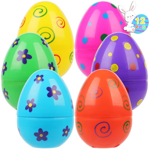 NEWBEA 12 Pcs Plastic Printed Bright Jumbo Easter Eggs-Assorted Prints and Colors 6" Tall for Easter Hunt,Basket Stuffers Fillers,Filling Treats and Party Favor