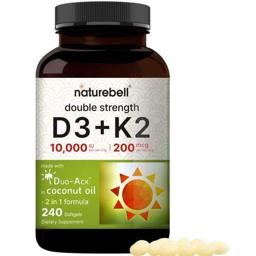 NatureBell Vitamin D3 K2 (10,000 IU Vitamin D + 200mcg Vitamin K MK-7) 240 Softgels with Coconut Oil for Complete Absorption | Bone, Heart, Immune, & Calcium Support | One a Day, Non-GMO