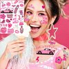 108+ PCS Groovy Pink Temporary Tattoos For Kids Girls Women, Pink Birthday Party Favor Supplies, Y2k Metallic Iridescent Flash Cartoon Fake Tattoo Sticker Children Stocking Fillers Goodie Bags Stuffer