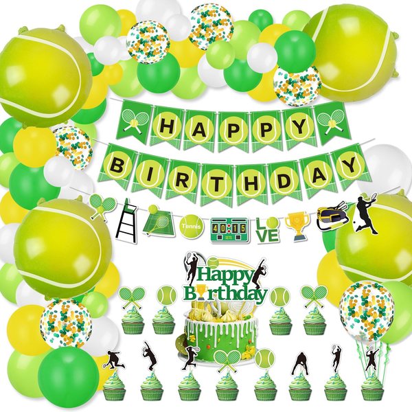 Tennis Party Decorations, Includes Tennis Happy Birthday Banner, Tennis Balloons, Cupcake Toppers, Tennis Party Supplies for Men Women Kids Sports Theme Birthday Party Tennis Ball Party