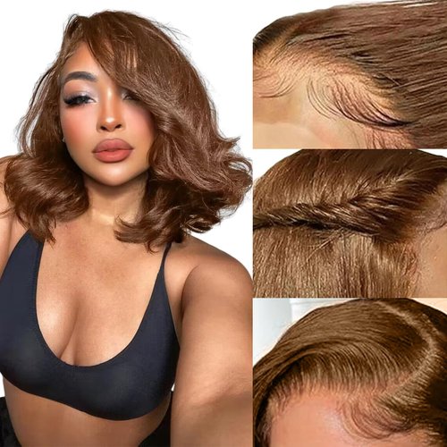 13x4 Chocolate Brown Lace Front Wig Human Hair Pre Plukced Glueless Bob Wig Human Hair Short Human Hair Bob Wigs for Blck Women 12 inch Brown Wig Colored 4 Body Wave Wig 180 density