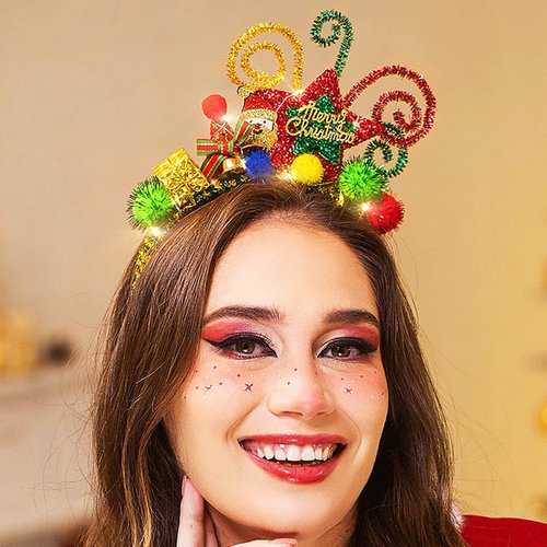 Formery Light Up Christmas Headband Star Tinsels LED Flashing Hair Band Luminous Xmas Party Santa Claus Hair Hoop for Adult and Kids (Star)
