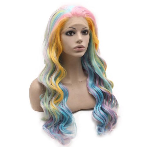 Mxangel Long Wavy Sky Blue Yellow Colorful Lace Front Wig Heat Resistant Fiber Cosplay Synthetic Hair Wig