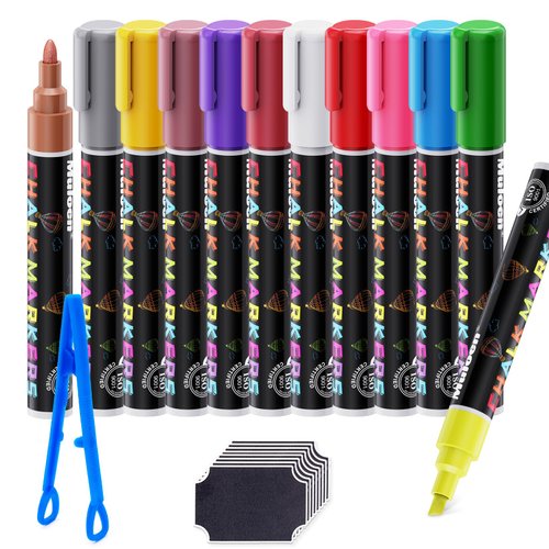 Chalk Markers - 12 Colors Erasable Liquid Chalk Markers, Includes 6 Metallic Colors, Chalk Marker for Chalkboards, Signs, Glass, Metal and Other Nonporous Surfaces - 6 mm Reversible Tip