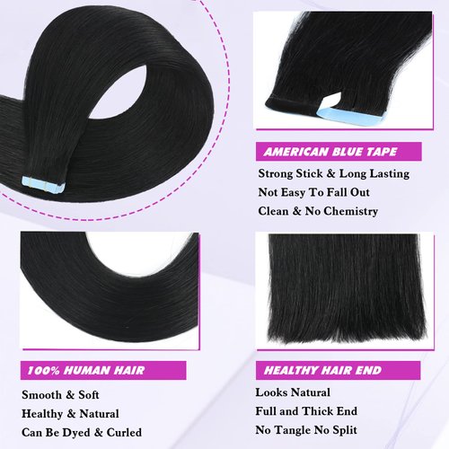 Tape in Hair Extensions Human Hair 16 Inch Jet Black Tape in Hair Extensions 40g Seamless Skin Weft Pu Tape in Hair Extensions 20 pieces Real Human Hair Tape in Extensions for Black Women (16Inch,Jet Black,40g/Pack)