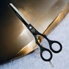 Premium Barber Scissors 6.5" 7.5" 8" Full Black Adjustable Screw Knob Screw-On Finger Rest Curved Finger Rest - German Steel Hair Salon and Barber Scissors (Black-Silver Acc Thinning Shears, 6.5")