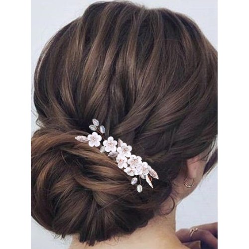 Latious Flower Bride Wedding Hair Comb Bridal Hair Clip Floral Hair Piece Leaf Hair Accessories for Women and Girls (Rose Gold)