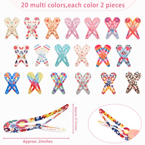Clips for Hair, 120 Pcs 2 Inch Metal Barrettes Snap Hair Clips for Girls Kids Teens Women, Cute Candy Color Hair Pins for Birthday Party Gift, 40 Assorted Colors (Pattern Print & Solid Color)