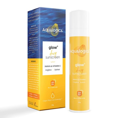 Aqualogica Glow+ Dewy Face Sunscreen with SPF 50+ & PA+++ | Blue Light Protection & No White Cast | Helps Give Glowing Skin with Papaya & Vitamin C | 1.76 Oz/50g