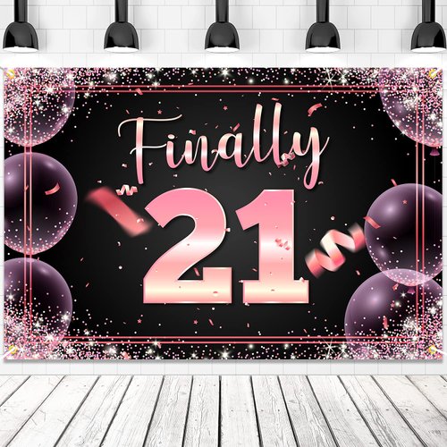 Happy 21st Birthday Banner Backdrop Finally 21 Years Old Rose Gold Background Bday Decorations for Girls Women Photography Party Supplies Glitter