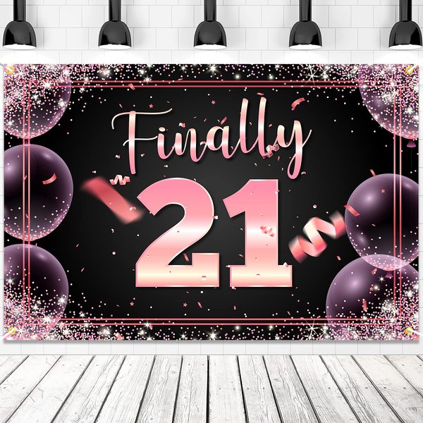 Happy 21st Birthday Banner Backdrop Finally 21 Years Old Rose Gold Background Bday Decorations for Girls Women Photography Party Supplies Glitter
