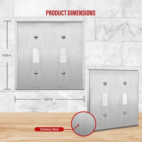 ENERLITES Toggle Light Switch Stainless Steel Wall Plate, Metal Plate Corrosive Resistant Cover for Rotary Dimmers Lights, Size 2-Gang 4.50" x 4.57", 7712, 430 Stainless Steel, UL Listed, Silver