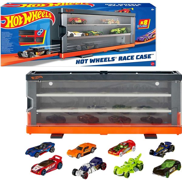 Hot Wheels Toy Cars, Set of 8 1:64 Scale Vehicles & Interactive Display & Storage Case That Holds up to 12, Connects to Track