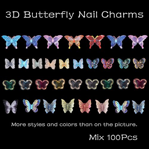 100Pcs 3D Butterfly Nail Charms Assorted Mix Color Butterfly White Pink Purple Green Butterfly for Nail Charms DIY Cute Nail Charms for Nail Art DIY Accessories