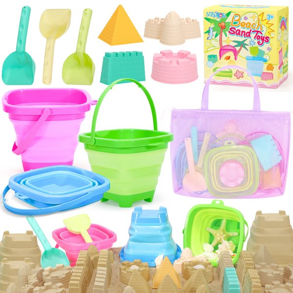 NINAOR Collapsible Beach Toys with Beach Bag, 11 Pcs Collapsible Bucket Rake Shovel Beach Essentials for Toddler Toys Play Sandbox Camping Vacation Outdoor Games Sand Toys for Kids Beach Travel