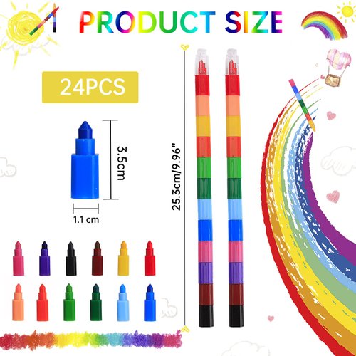 24 Pieces Stacking Crayons Buildable Crayons,Colorful Stackable Crayons Rainbow Crayons,Stackable Colored Pencils Crayon Party Favors for Kids Writing,Drawing,Coloring,Office School Supplies,12 Colors