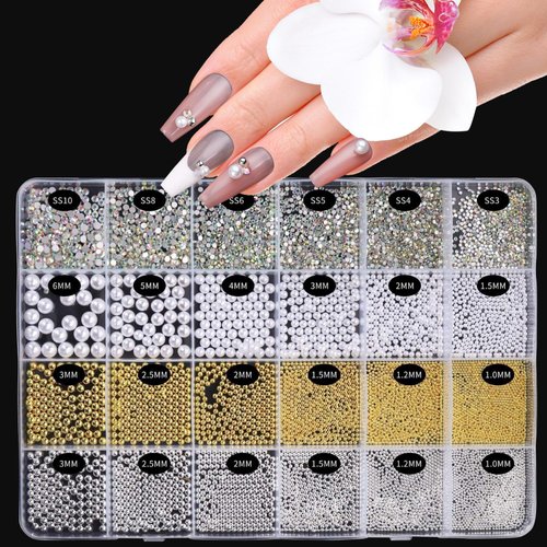 12000 Rhinestones Flatback Pearls Charms Gold, White, Clear, Diamond for Acrylic Nails Crystals | 3D Nail Charms | 1 Boxes Pearls Nail Art Charms for DIY Crafts Creative Manicure Accessories,