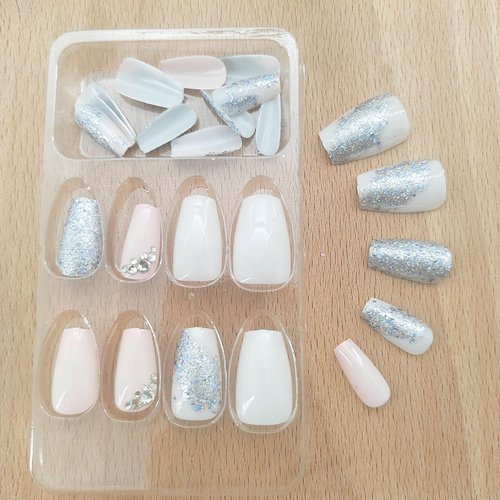 Pink Short Press on Nails Coffin Cute Glitter Sequins Fake Nails with Rhinestones Designs Cream Acrylic Cover Faux Nails Press ons Reusable Glue on Nails for Women Girls Daily Wear 24 Pcs