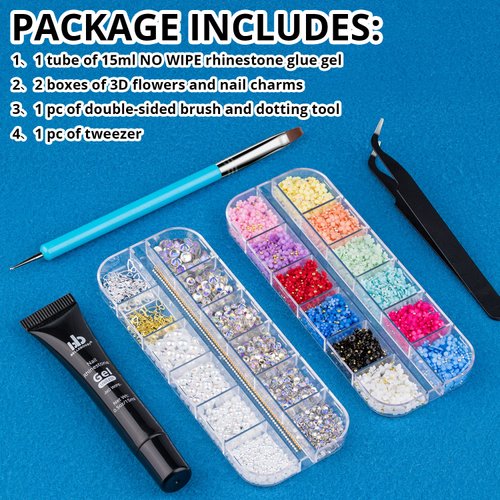 Nail Art Rhinestone Glue Gel&2 Boxes 3D Charms Accessories Kit 1, 1 Pc of 15ml Rhinestone Glue(UV/LED Needed)+3D Flowers Nail Decors Gems Crystal Pearls Bow Beads with Dual-End Brush Tool And Tweezer