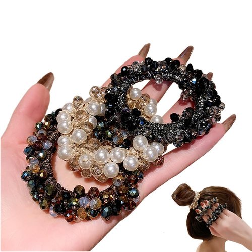 Xiwstar 3Pcs Crystal Beads Hair Ties Hair Ropes Hair Scrunchies Hair Elastics Pearl Ponytail Holders Hair Wrist Ties Bands Scrunchies Hair Accessories for Girls Women