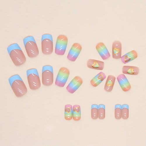 BABALAL Rainbow Press on Nails Medium Square Fake Nails Blue French Tip Glue on Nails 24Pcs Squoval Acrylic Nails Heart Love Cute Valentines Day Stick on Nails for Women and Girls