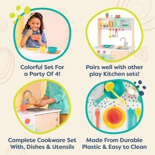 B. toys – Play Kitchen Accessories – Cookware, Dishes, Utensils – 33-Piece Play Set for Kids – Pretend Play Toys – 3 Years + – Mini Chef Kitchen Set