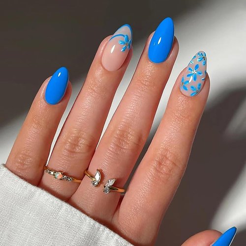 Blue Press on Nails Medium Almond Fake Nails French Tip Glue on Nails Glossy False Nails Blue Small Flowers Acrylic Nails Full Cover Artificial Nails Cute Stick on Nails for Women Girls Manicure