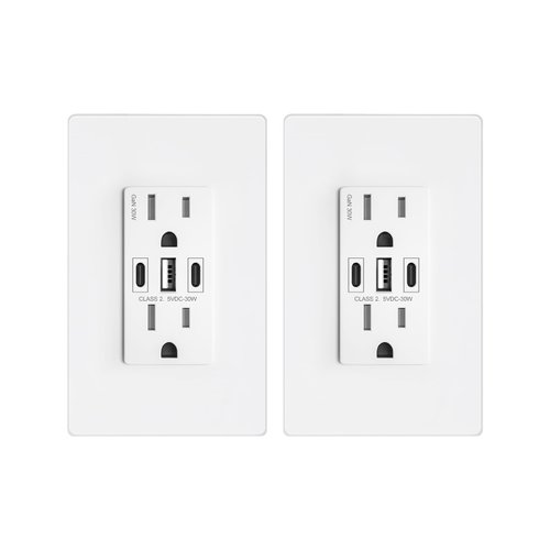 ABBOTECH USB Wall Outlet, 30W GaN 6.0A USB Outlet Receptacles with 3 USB Ports,15 Amp Tamper-Resistant Electrical Outlet with 1 Type A&2 Type C,Screwless Wall Plate Included,UL Listed,2 Pack