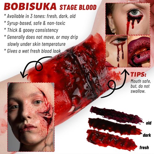 BOBISUKA Halloween Fake Blood, Edible Stage Blood 0.53oz, Realistic Vampire Blood SFX Makeup Kit, Washable Faux Blood Gel for Zombie Monster Costume Cosplay, Stage, Film & Special Effects Make-Up(Old)