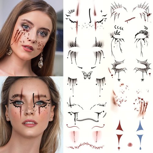 10 sheets Halloween Temporary Face Tattoo Stickers Horror Spider Heart Scar Women Adults Makeup Art Decorations Accessories Day of The Dead Party Props